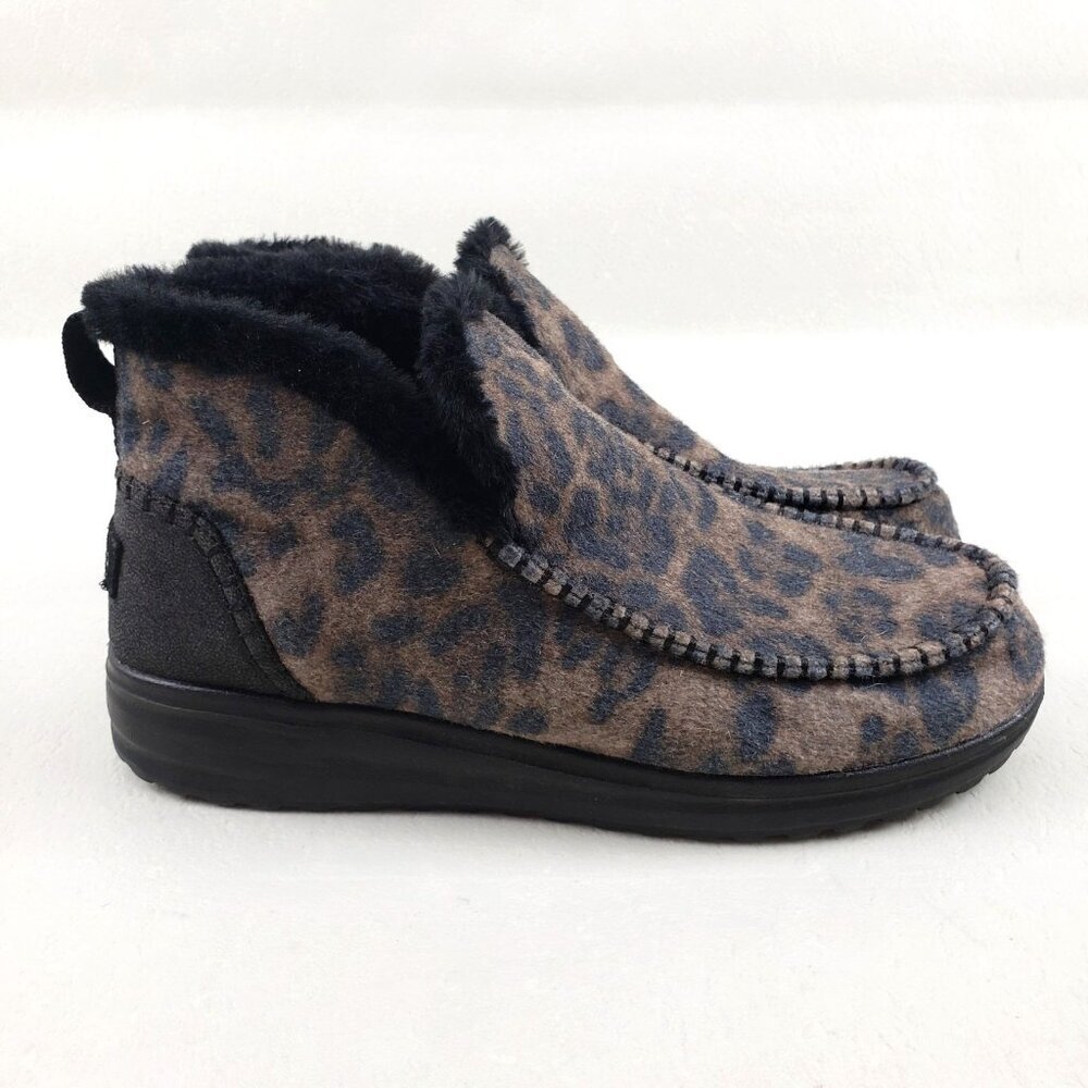 Hey Dude Denny Leopard Boot Women 10 Brown Faux Fur Lined Leo Nut Slip On Bootie
